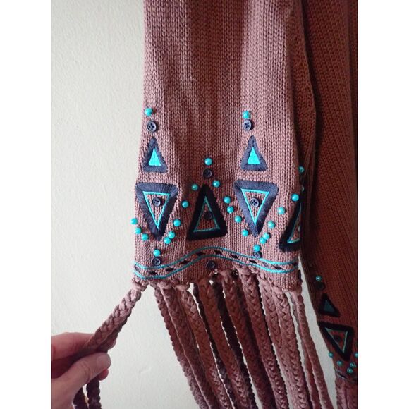 Bob Mackie Wearable Art Brown Full-Zip Sweater Beaded Turquoise Fringe Medium - Picture 4 of 10